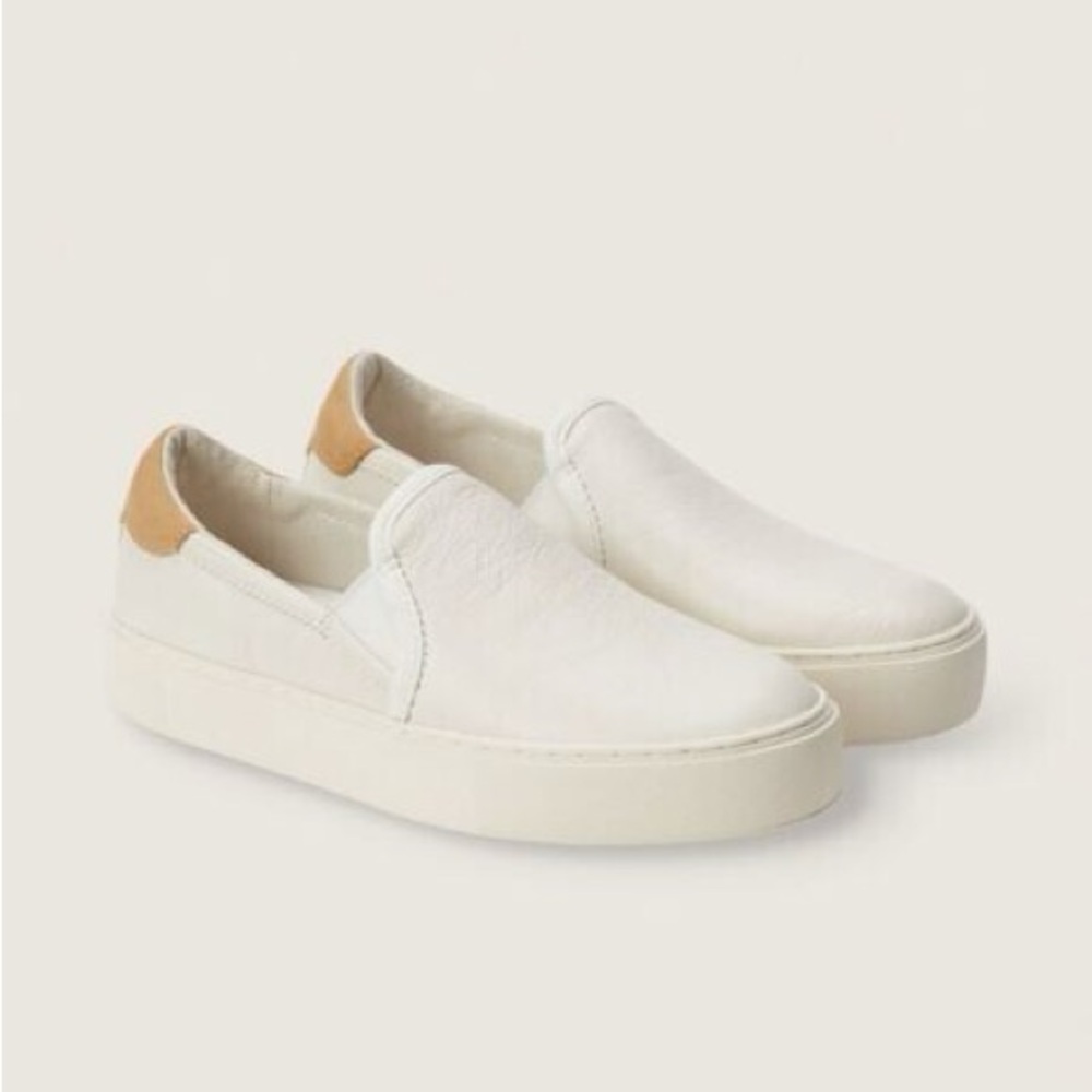 UGG Woman’s Slip-On Leather Sneakers in White with Tan Heel
